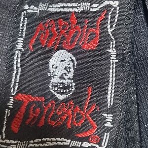Morbid Threads Black and Red Graphic Patch, Faux Leather Jeans Wide Leg Size 2